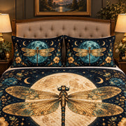 Golden Dragonfly Moon and Flowers quilt set, view 3, AI mockup