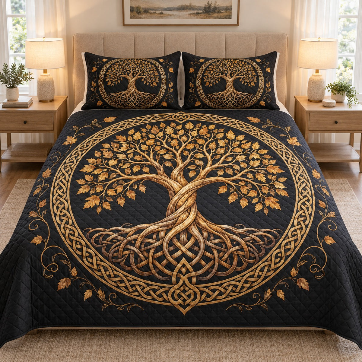 Gold Celtic Tree of Life Black quilt set, view 1, AI mockup
