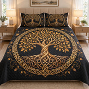 Gold Celtic Tree of Life Black quilt set, view 1, AI mockup