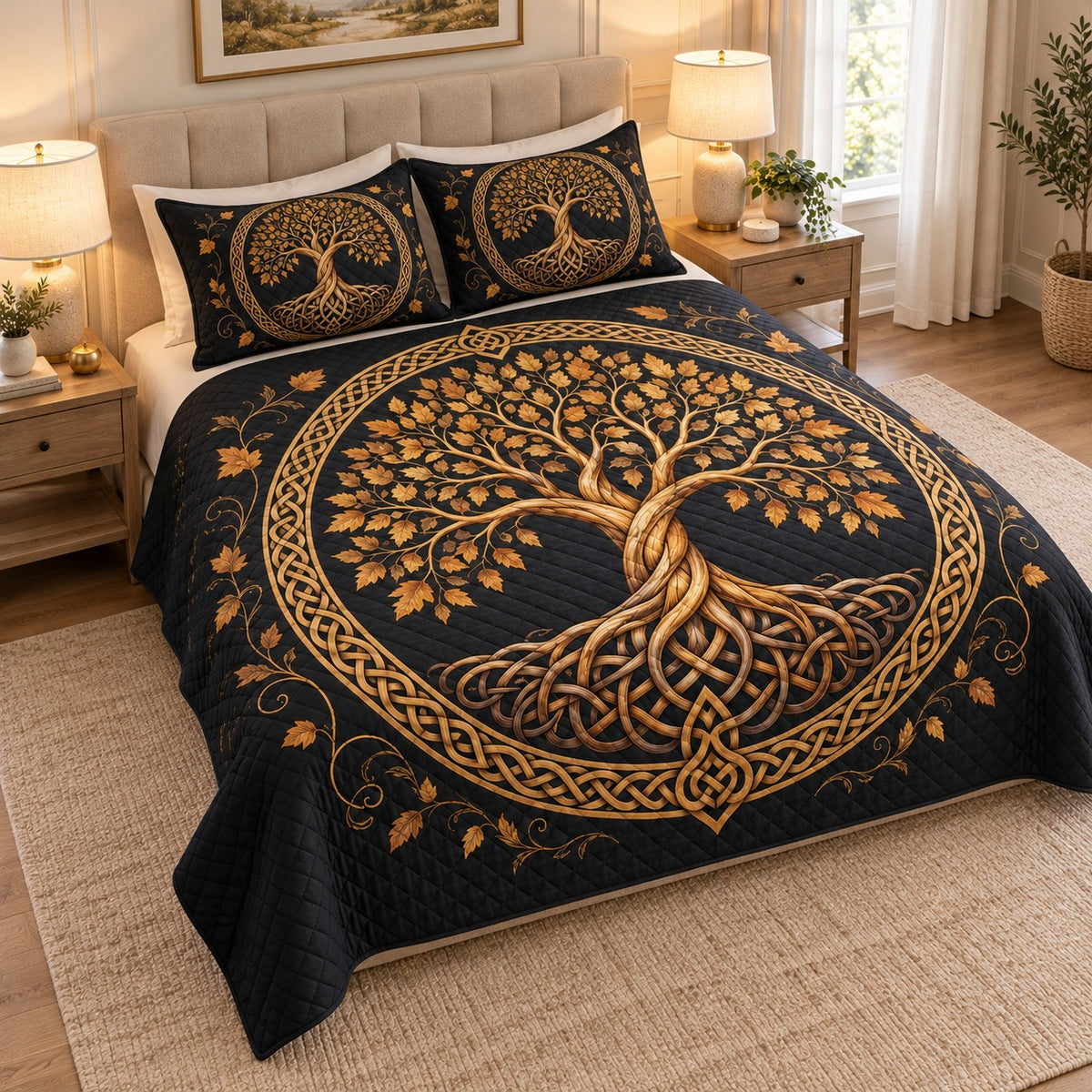 Gold Celtic Tree of Life Black quilt set, view 2, AI mockup