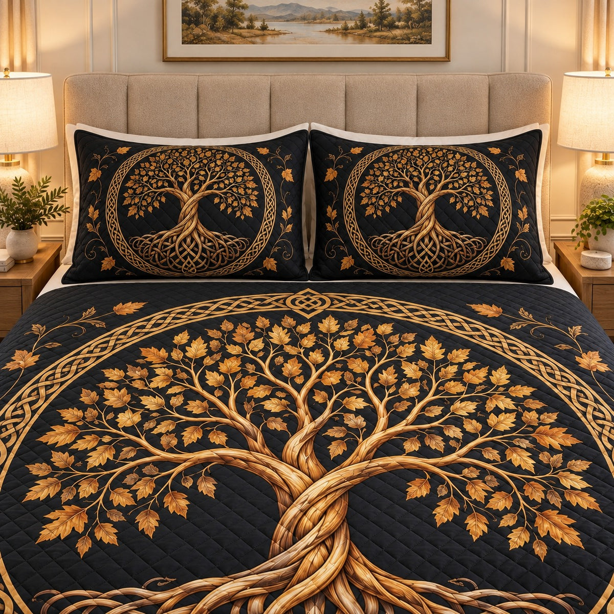 Gold Celtic Tree of Life Black quilt set, view 3, AI mockup