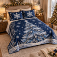 Blue Christmas Tree Snowflakes Quilt Set, Cozy Bedroom Bedding, Gift for Christmas Decor Fans