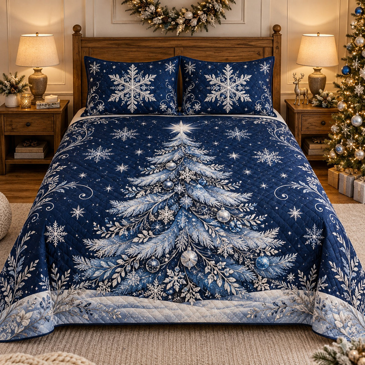 Blue Christmas Tree Snowflakes quilt set, view 2, AI mockup