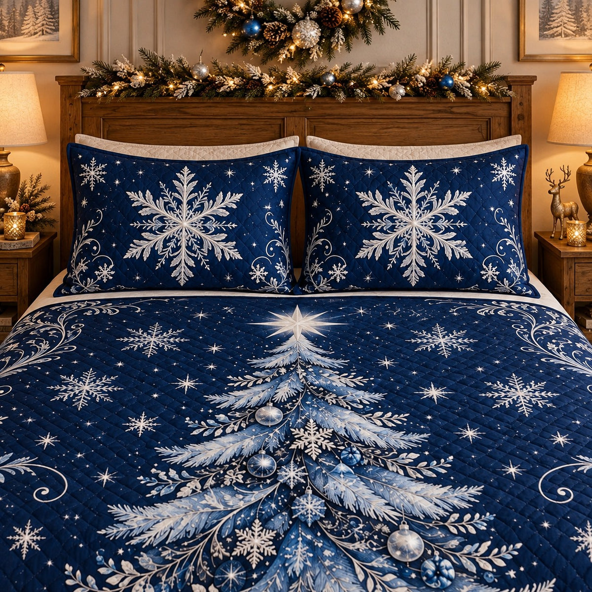Blue Christmas Tree Snowflakes quilt set, view 3, AI mockup