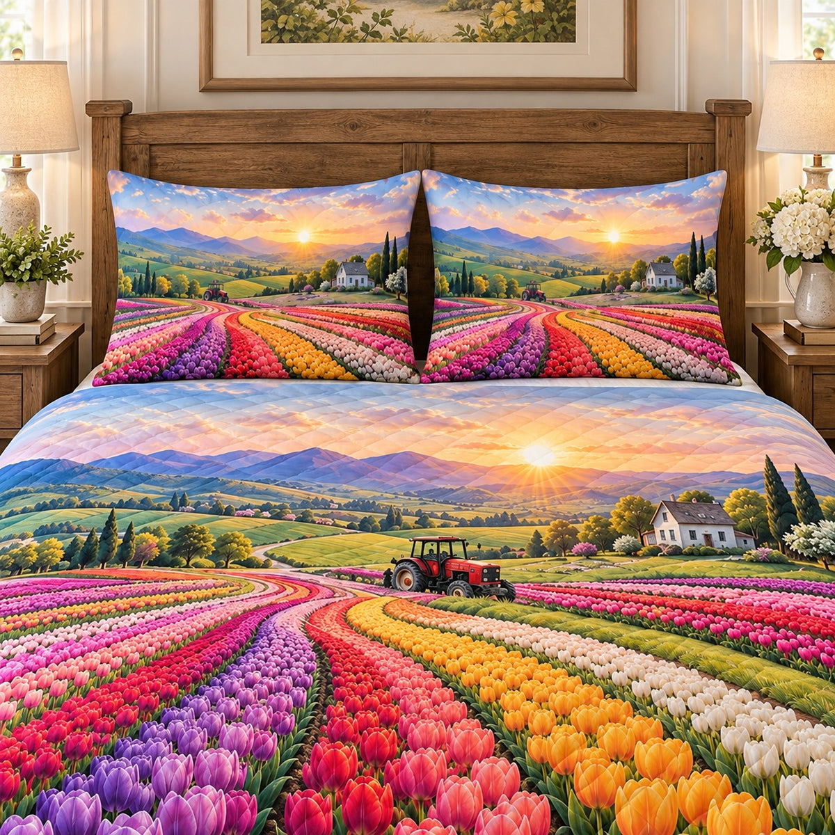 Tulip Fields at Sunset quilt set, view 3, AI mockup
