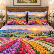 Tulip Fields at Sunset quilt set, view 3, AI mockup