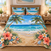 Tropical Beach Hibiscus and Palms quilt set, view 1, AI mockup