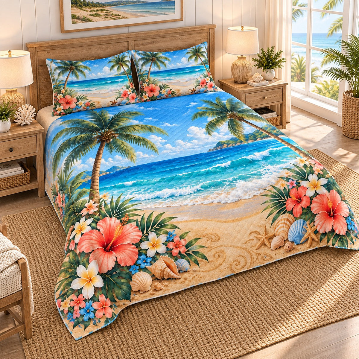 Tropical Beach Hibiscus and Palms quilt set, view 2, AI mockup