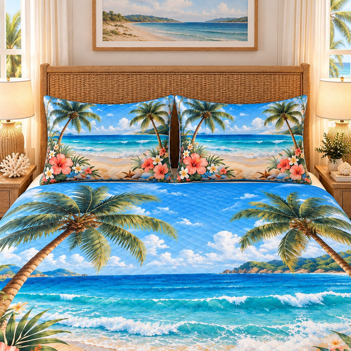 Tropical Beach Hibiscus and Palms quilt set, view 3, AI mockup