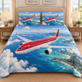 Red Airplane Island Sky Quilt Set, Cozy Bedroom Bedding, Gift for Aviation Fans