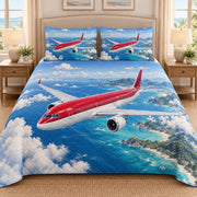 Red Airplane Island Sky quilt set, view 1, AI mockup