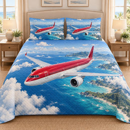 Red Airplane Island Sky Quilt Set, Cozy Bedroom Bedding, Gift for Aviation Fans