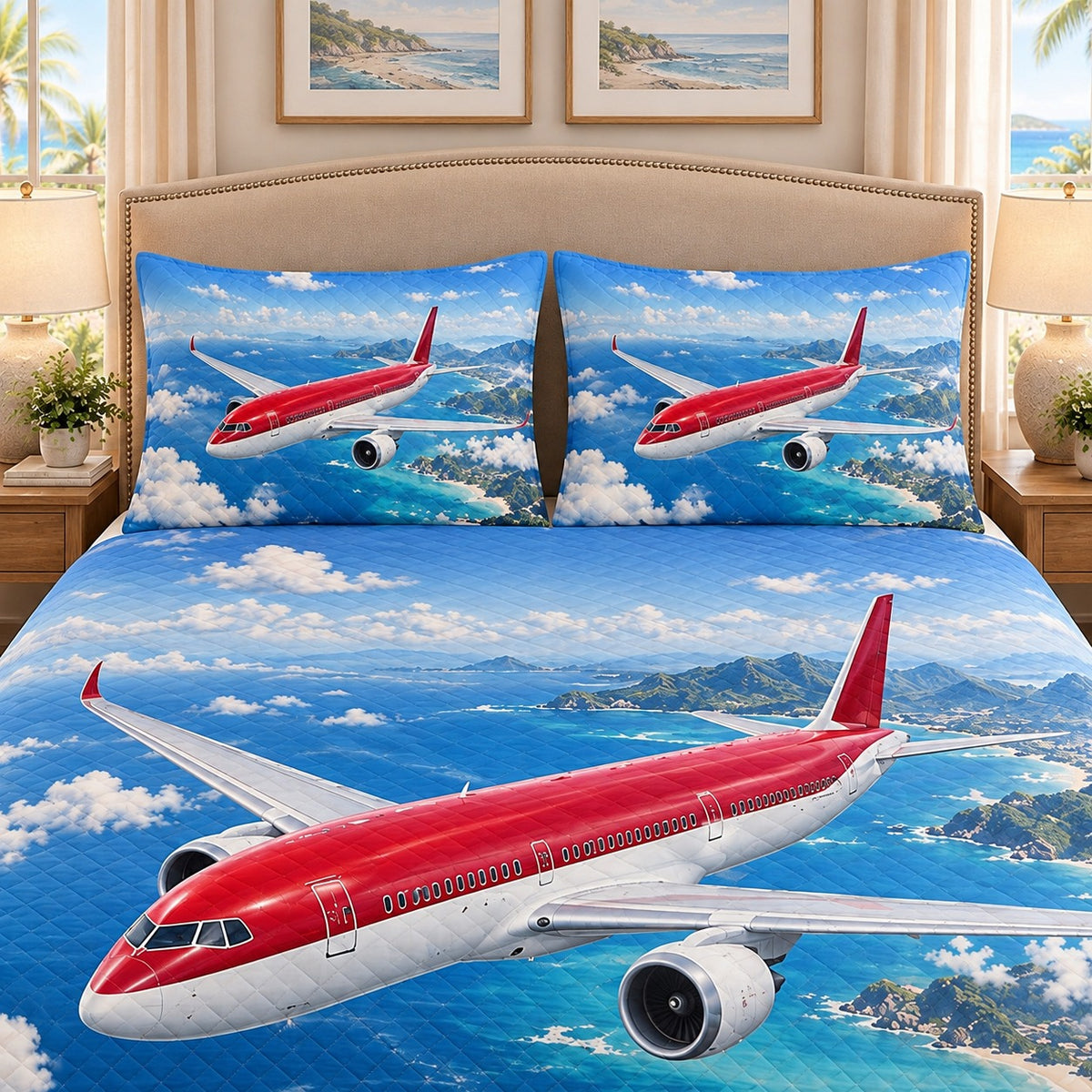 Red Airplane Island Sky quilt set, view 3, AI mockup