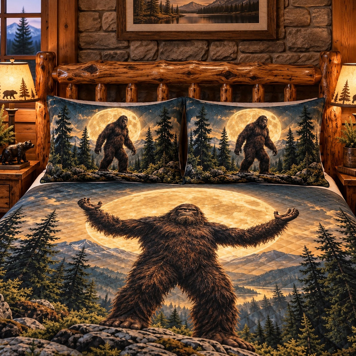 Moonlit Bigfoot Mountain Forest quilt set, view 3, AI mockup