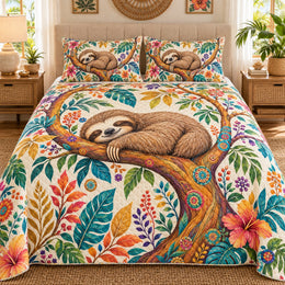 Sleeping Sloth Tropical Florals Quilt Set, Cozy Bedroom Bedding, Gift for Sloth Lovers