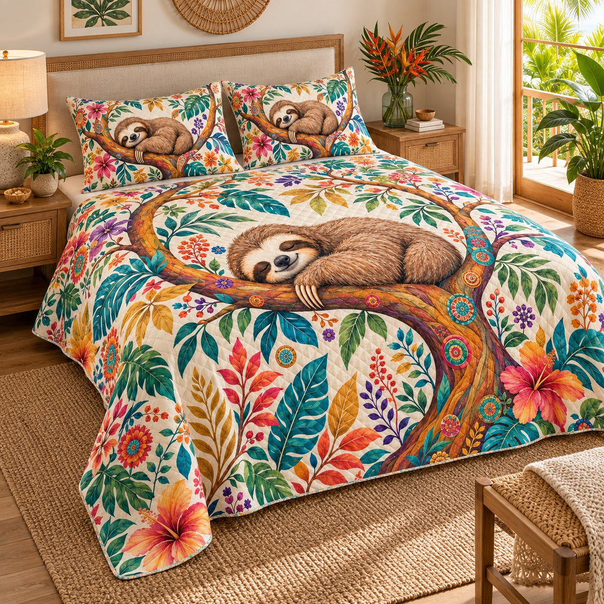 Sleeping Sloth Tropical Florals quilt set, view 2, AI mockup