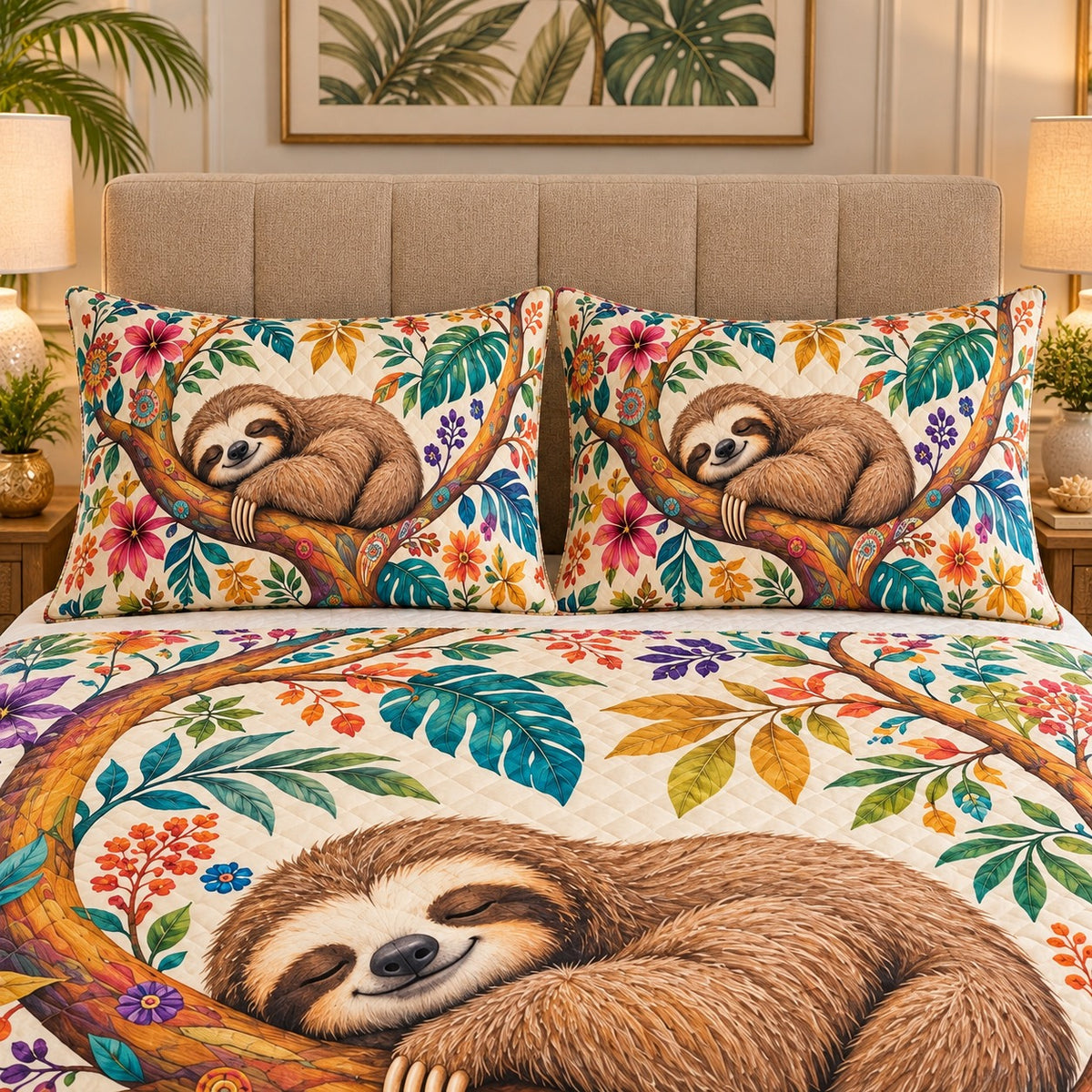 Sleeping Sloth Tropical Florals quilt set, view 3, AI mockup