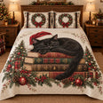 Christmas Black Cat and Books Quilt Set, Cozy Bedroom Bedding, Gift for Black Cat Owners
