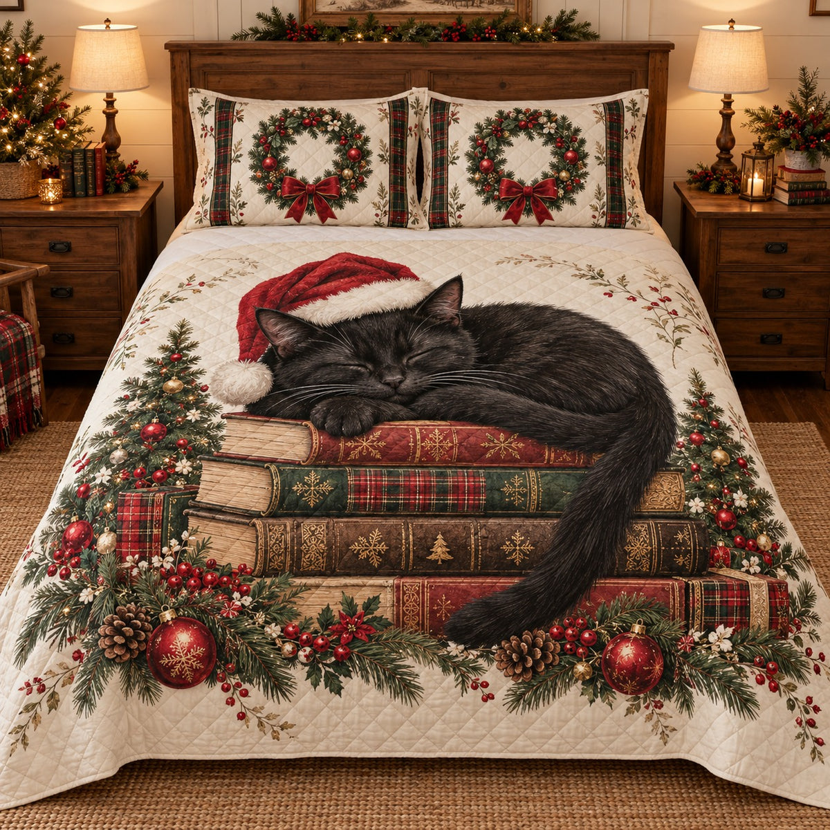 Christmas Black Cat and Books quilt set, view 1, AI mockup
