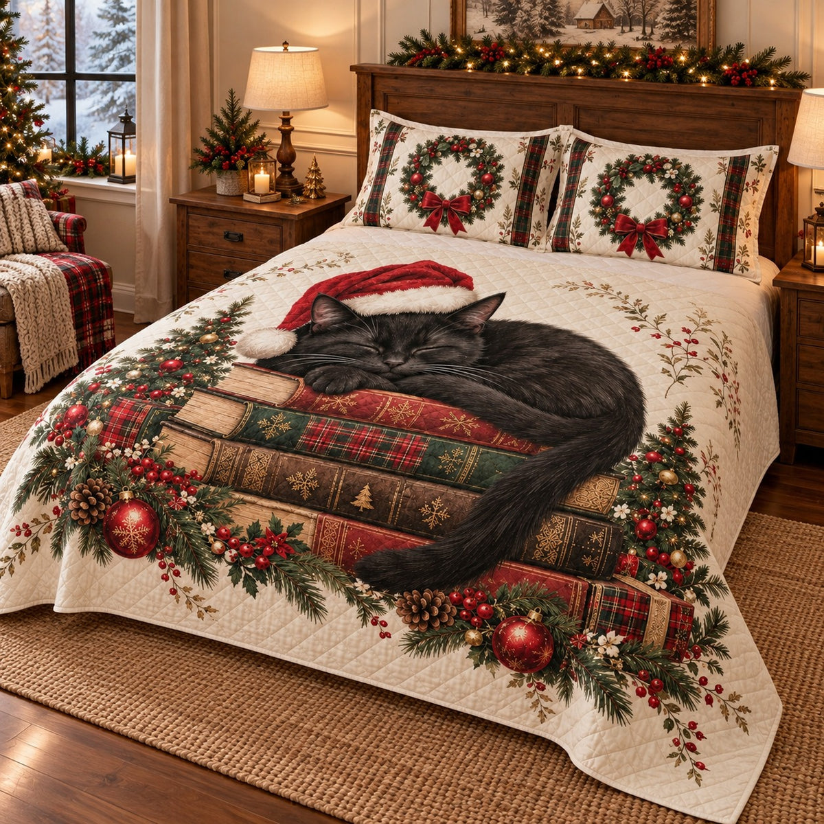 Christmas Black Cat and Books quilt set, view 2, AI mockup