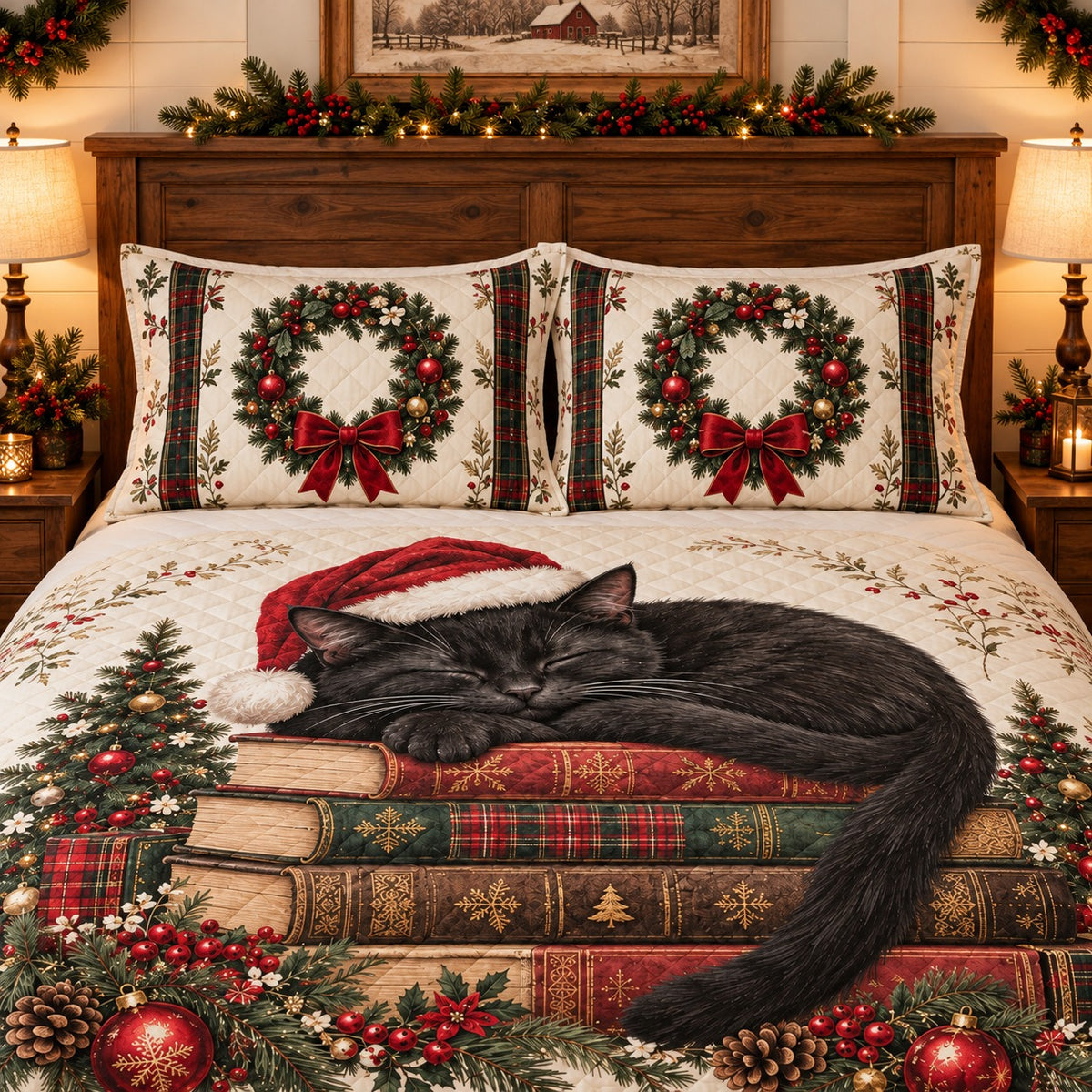 Christmas Black Cat and Books quilt set, view 3, AI mockup