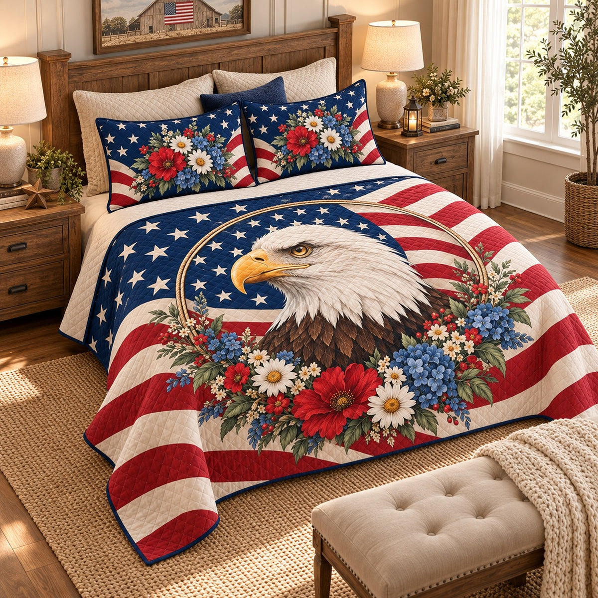 Bald Eagle American Flag Floral quilt set, view 2, AI mockup
