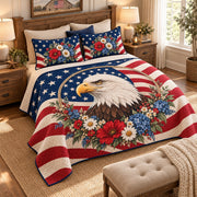 Bald Eagle American Flag Floral quilt set, view 2, AI mockup