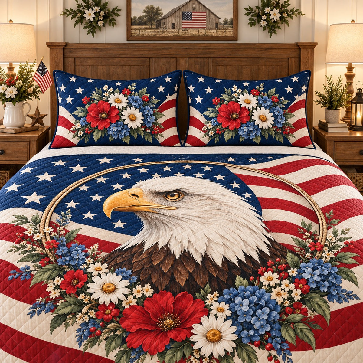 Bald Eagle American Flag Floral quilt set, view 3, AI mockup