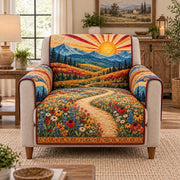 a sunrise mountain trail quilted cover shown on an armchair, AI mockup