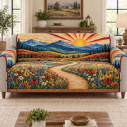 a sunrise mountain trail quilted sofa cover shown on a sofa, AI mockup