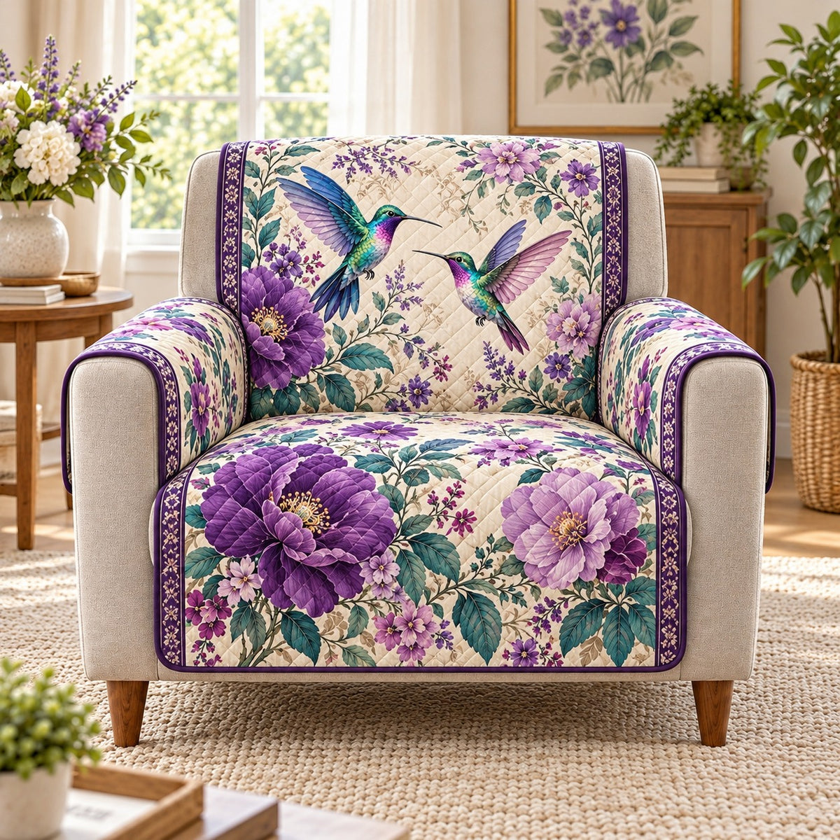 two hummingbirds in a purple flower garden quilted cover shown on an armchair, AI mockup
