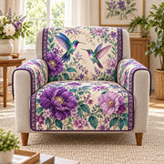 two hummingbirds in a purple flower garden quilted cover shown on an armchair, AI mockup