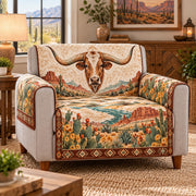 a Texas Longhorn in a desert ranch landscape quilted cover shown on an armchair, AI mockup