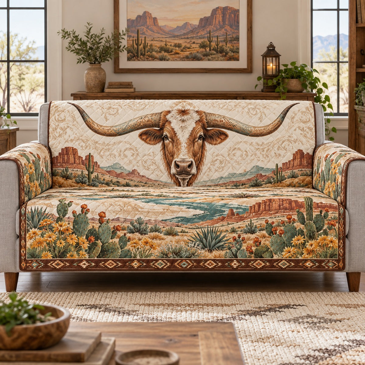 Texas Longhorn Sofa Cover, Desert Ranch Landscape, Gift for Western Homes