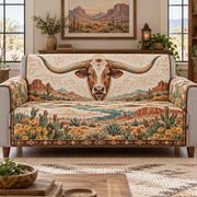 a Texas Longhorn in a desert ranch landscape quilted sofa cover shown on a sofa, AI mockup