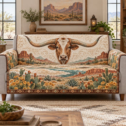 Texas Longhorn Sofa Cover, Desert Ranch Landscape, Gift for Western Homes