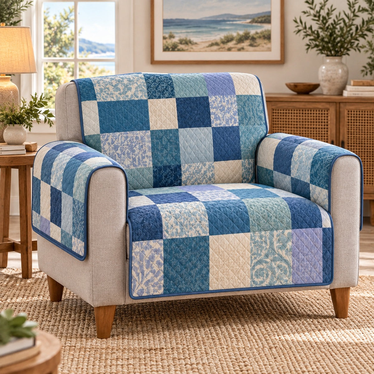 a calm blue coastal patchwork quilted cover shown on an armchair, AI mockup