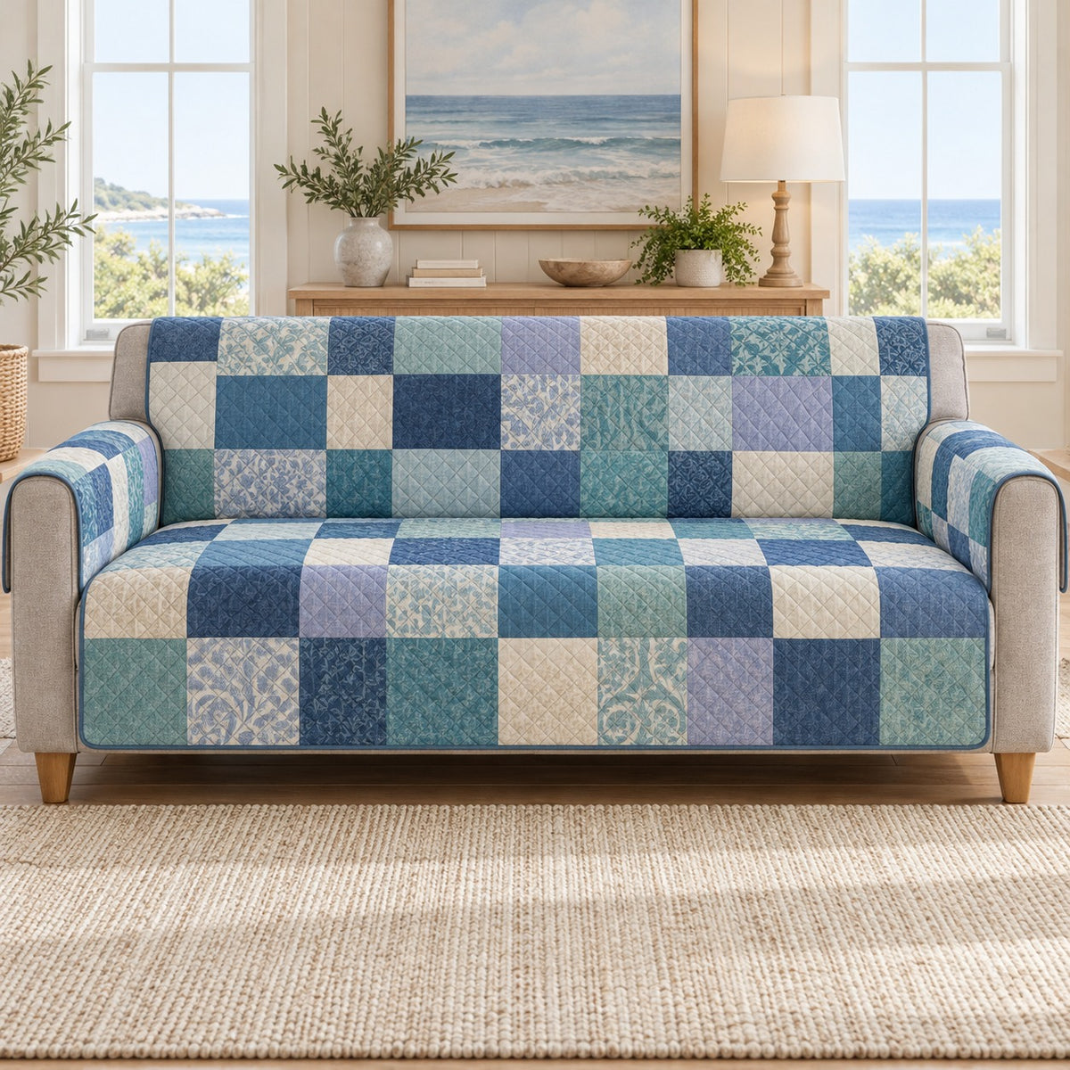 a calm blue coastal patchwork quilted sofa cover shown on a sofa, AI mockup