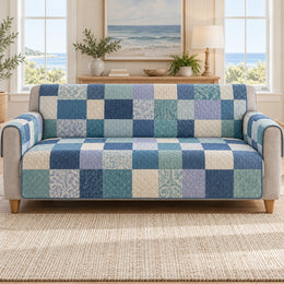 Blue Patchwork Sofa Cover, Coastal Tile Decor, Gift for Beach House Owners
