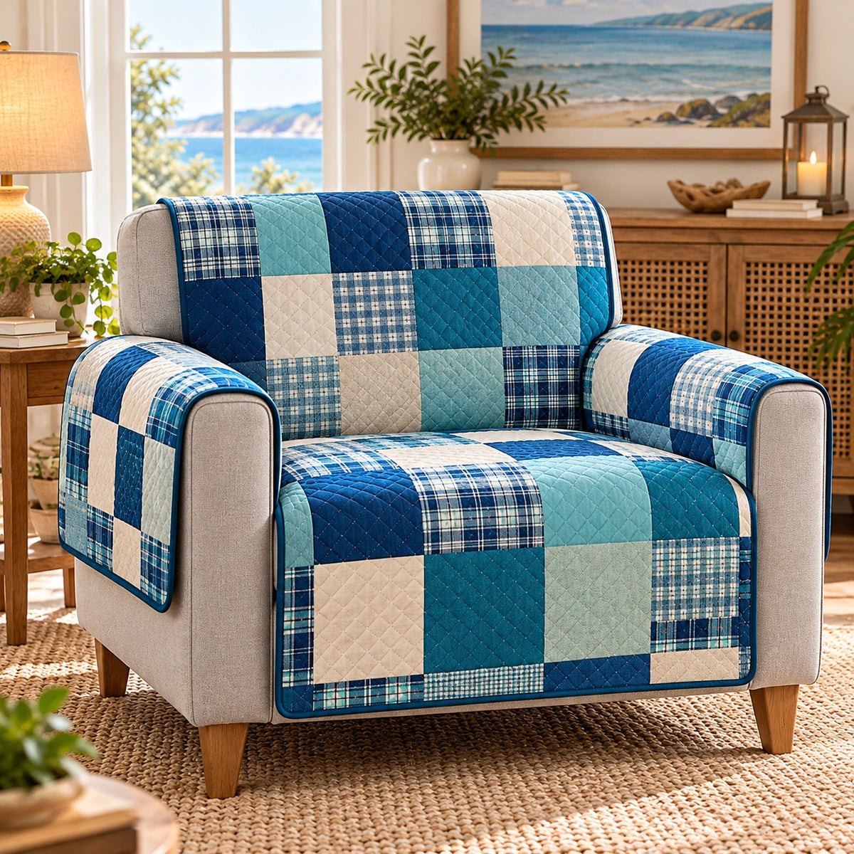 a blue and teal tartan patchwork quilted cover shown on an armchair, AI mockup