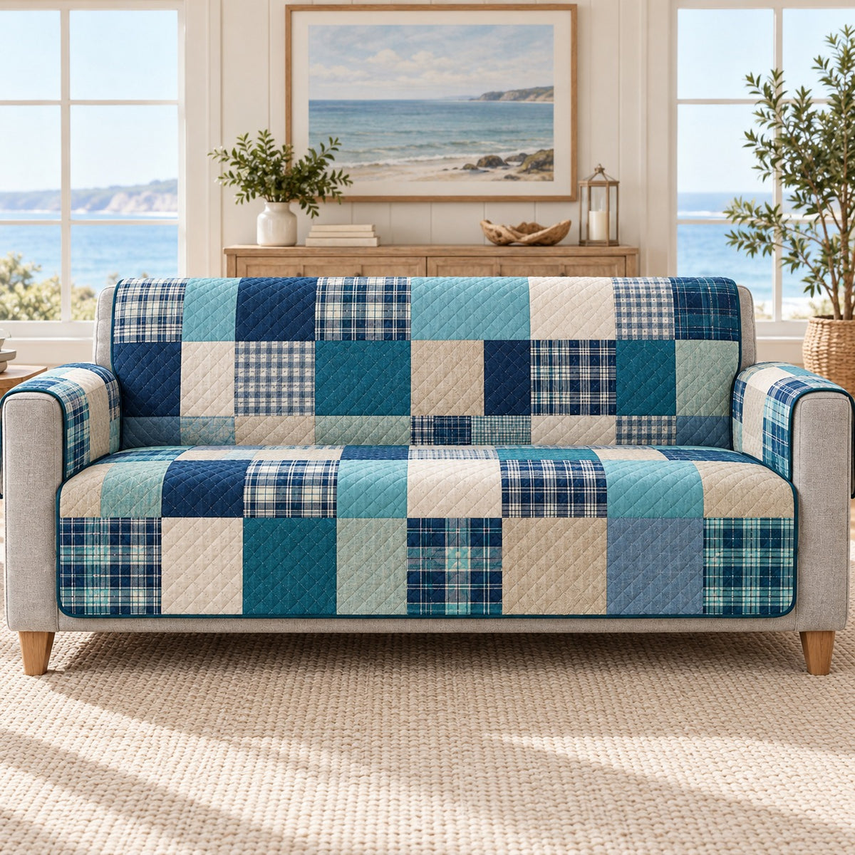 a blue and teal tartan patchwork quilted sofa cover shown on a sofa, AI mockup
