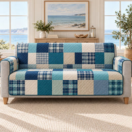 Blue Plaid Sofa Cover, Coastal Tartan Patchwork, Gift for Lake House Owners