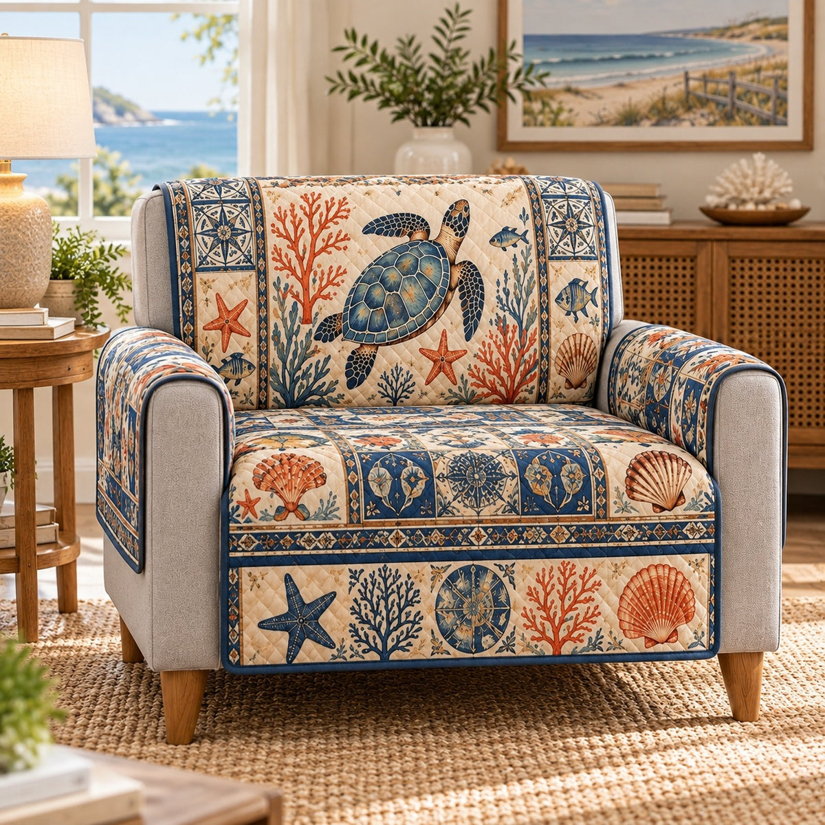 a coastal turtle patchwork quilted cover shown on an armchair, AI mockup