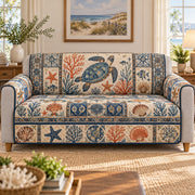 a coastal turtle patchwork quilted sofa cover shown on a sofa, AI mockup