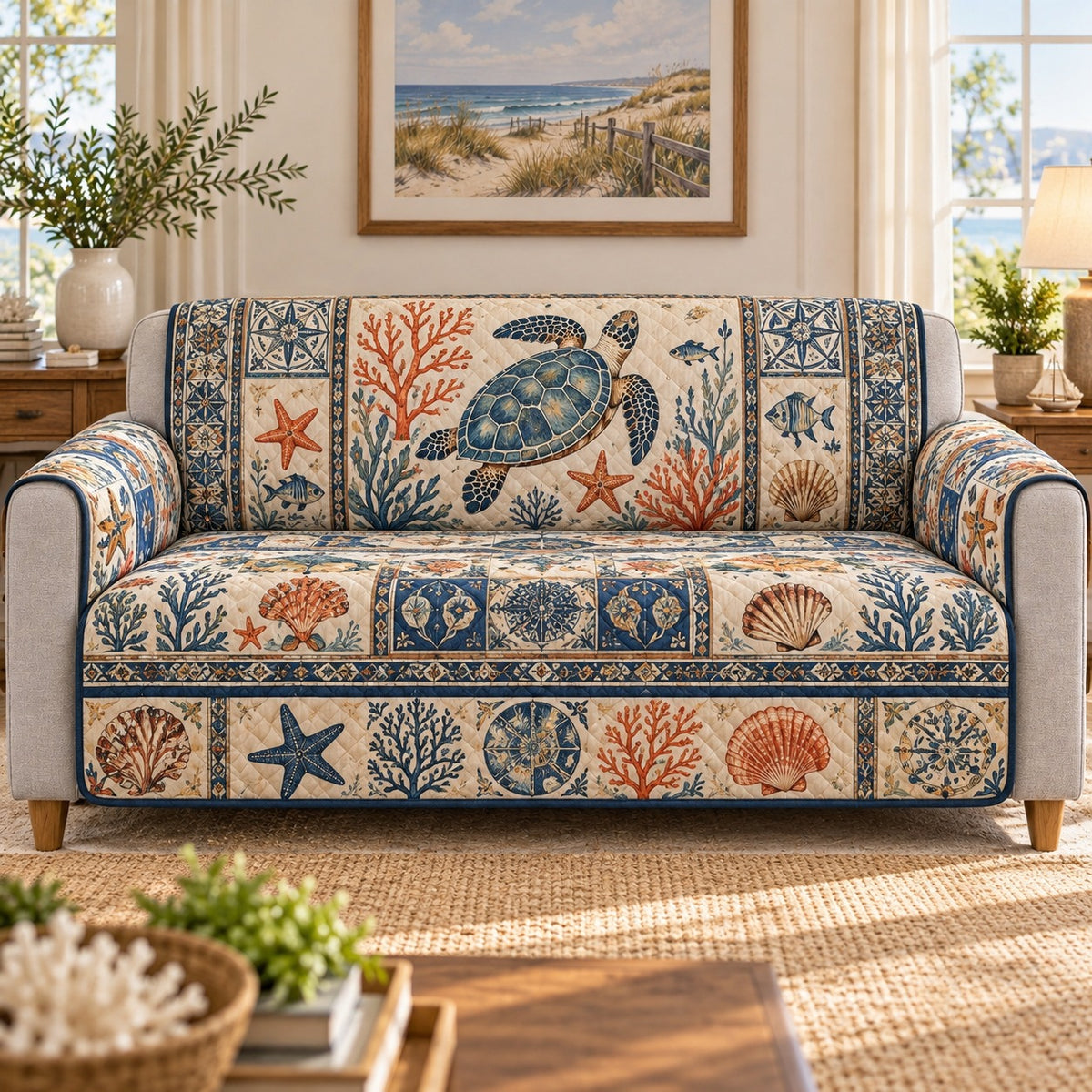 a coastal turtle patchwork quilted sofa cover shown on a sofa, AI mockup
