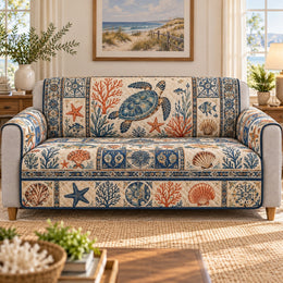 Coastal Turtle Patchwork Sofa Cover, Seashell Mosaic, Gift for Turtle Lovers
