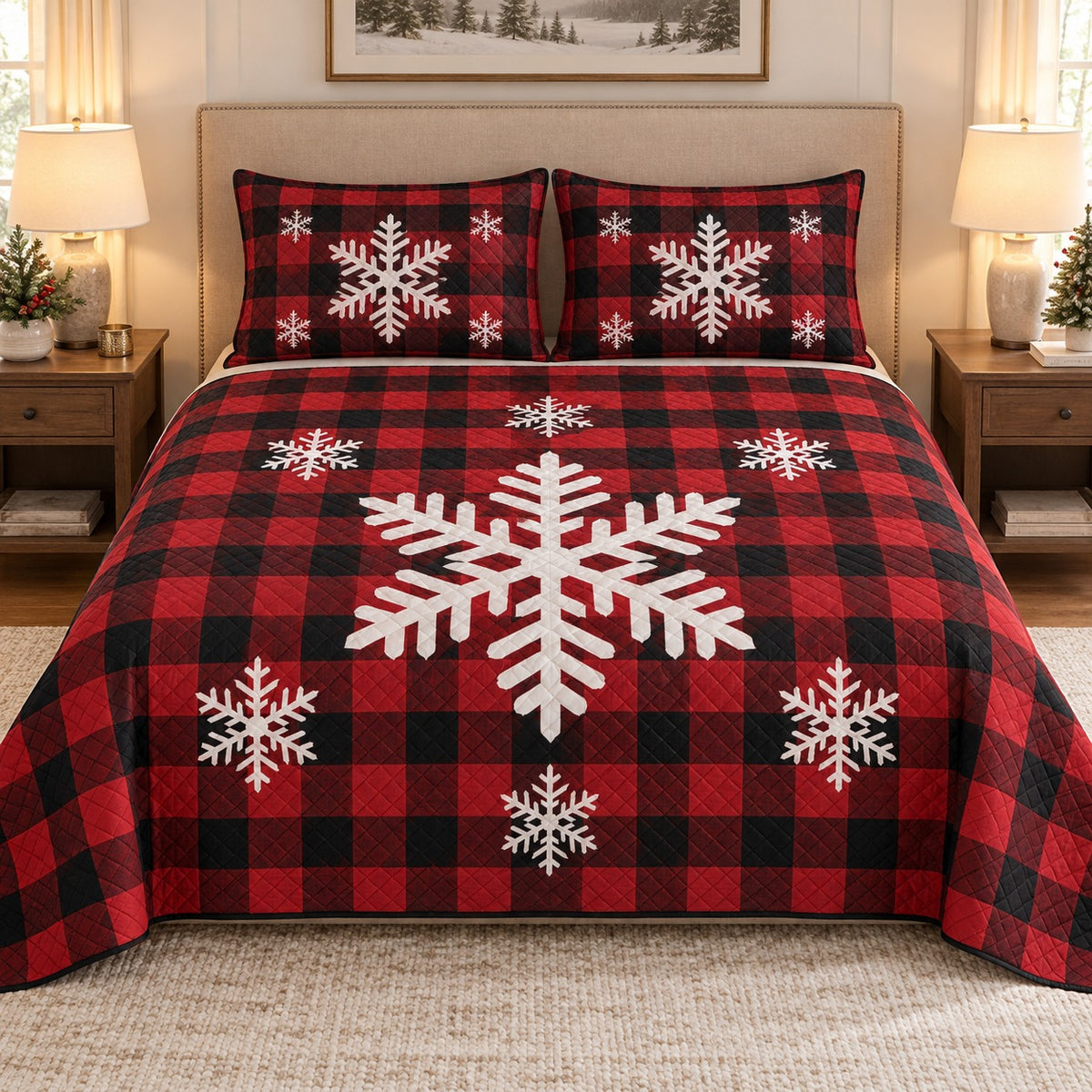 buffalo plaid snowflakes quilt set, front view, AI-generated product mockup