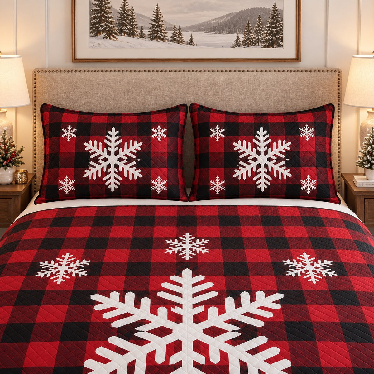 buffalo plaid snowflakes quilt set, alternate view, AI-generated product mockup