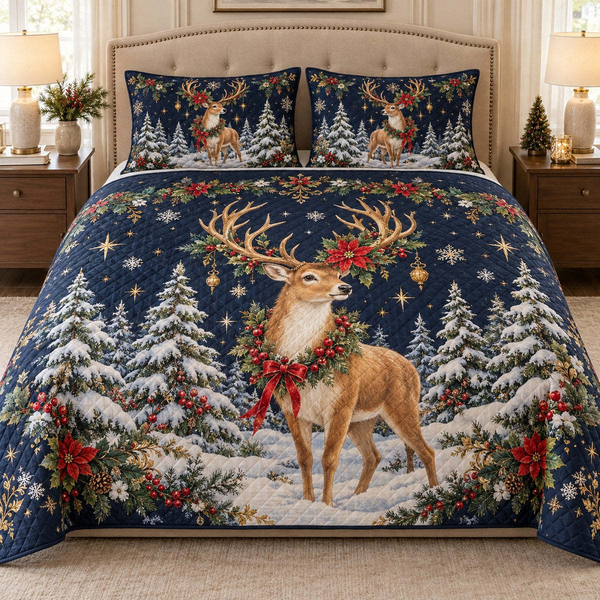 Christmas deer in a snowy forest quilt set, front view, AI-generated product mockup
