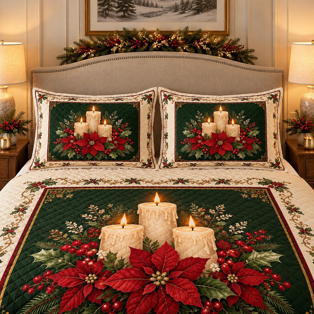 Christmas candles and poinsettias quilt set, alternate view, AI-generated product mockup